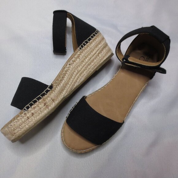 JESSICA CLIEN wedges BLACK tan ESPADRILLES velcro SIZE 8 1/2M - Picture 1 of 8